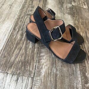 DONALD PLINER Women Neve Black‎ Suede Strap Block Heel Buckle Sandal Size 9.5 M